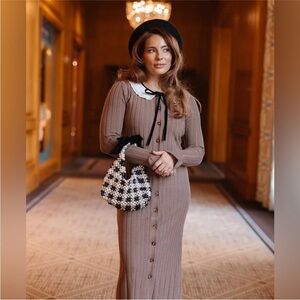 Women’s Taupe Ribbed Button-Front Dress with Peter Pan Collar